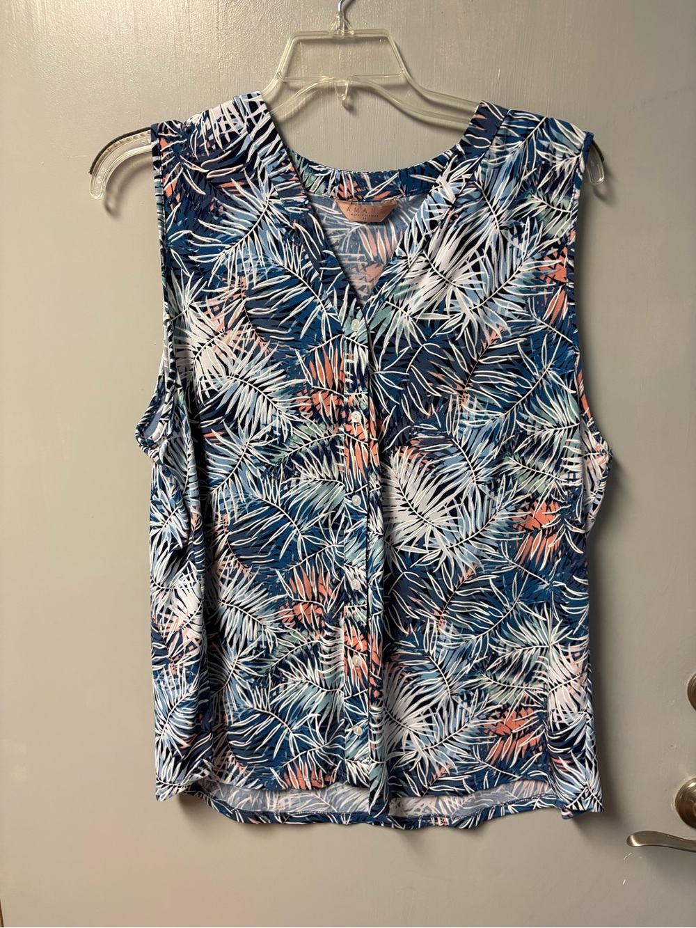 Sleeveless V-Neck Palm Print Top - Blue Multi - size 2X